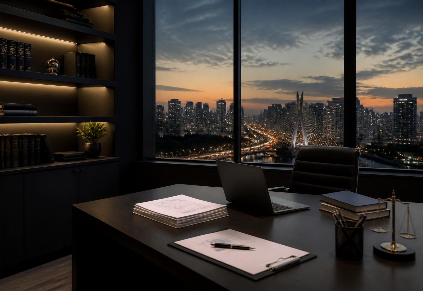Escritório contábil e jurídico com vista para a cidade ao entardecer